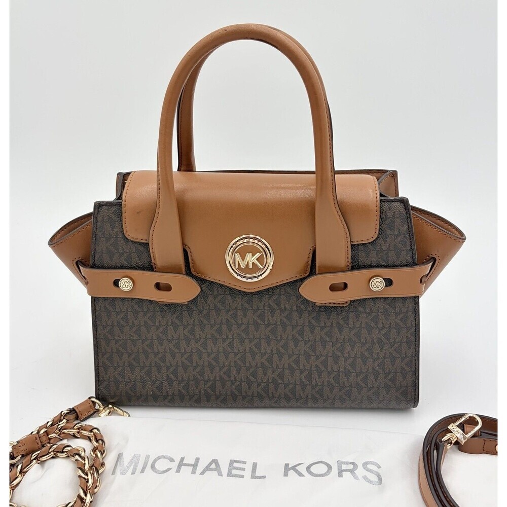 MICHAEL KORS Carmen Small Belted Satchel Brown MK Logo Crossbody Bag